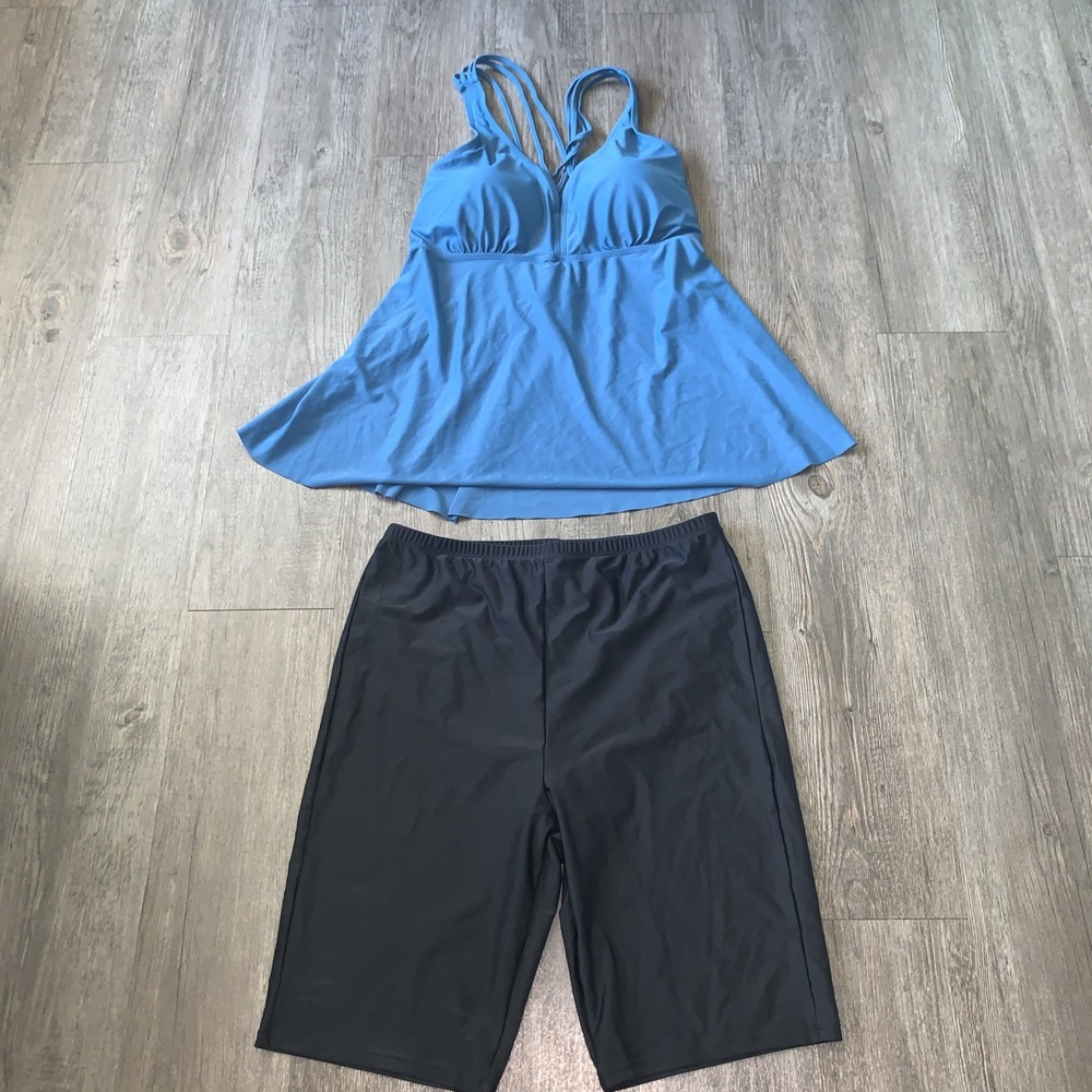 Mycoco Women Blue Black Tankini Two Piece Swimsuit Set Size 16
